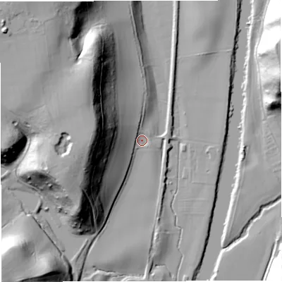 Shaded relief map of the ground around WV164SR, computed from Environment Agency LiDAR. The ground here sits at about 34 m above sea level and falls 45 m across the surrounding 800 m. Surface water reaching this point runs off ground lying to the west, 37.2 m higher.