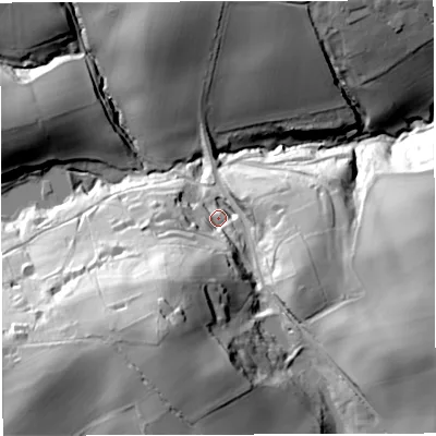 Shaded relief map of the ground around WV164SZ, computed from Environment Agency LiDAR. The ground here sits at about 98 m above sea level and falls 69 m across the surrounding 800 m. Surface water reaching this point runs off ground lying to the south-south-west, 53.0 m higher.