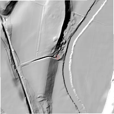 Shaded relief map of the ground around WV165LQ, computed from Environment Agency LiDAR. The ground here sits at about 35 m above sea level and falls 34 m across the surrounding 800 m. Surface water reaching this point runs off ground lying to the north, 21.2 m higher.