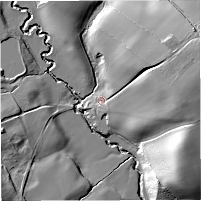 Shaded relief map of the ground around WV165NN, computed from Environment Agency LiDAR. The ground here sits at about 76 m above sea level and falls 31 m across the surrounding 800 m. Surface water reaching this point runs off ground lying to the east, 21.6 m higher.