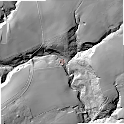 Shaded relief map of the ground around WV166AB, computed from Environment Agency LiDAR. The ground here sits at about 74 m above sea level and falls 55 m across the surrounding 800 m. Surface water reaching this point runs off ground lying to the north, 42.0 m higher.