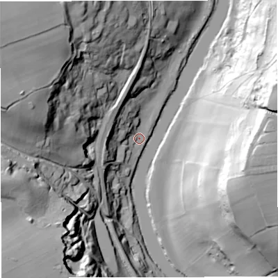 Shaded relief map of the ground around WV166NU, computed from Environment Agency LiDAR. The ground here sits at about 26 m above sea level and falls 68 m across the surrounding 800 m. Surface water reaching this point runs off ground lying to the west-north-west, 67.3 m higher.
