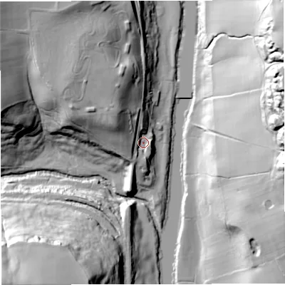 Shaded relief map of the ground around WV166NX, computed from Environment Agency LiDAR. The ground here sits at about 32 m above sea level and falls 61 m across the surrounding 800 m. Surface water reaching this point runs off ground lying to the north-west, 21.3 m higher.