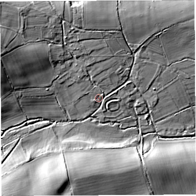 Shaded relief map of the ground around WV166QX, computed from Environment Agency LiDAR. The ground here sits at about 181 m above sea level and falls 30 m across the surrounding 800 m. Surface water reaching this point runs off ground lying to the north-west, 7.4 m higher.