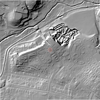 Shaded relief map of the ground around WV38HJ, computed from Environment Agency LiDAR. The ground here sits at about 112 m above sea level and falls 26 m across the surrounding 800 m. Surface water reaching this point runs off ground lying to the north-north-east, 1.3 m higher.