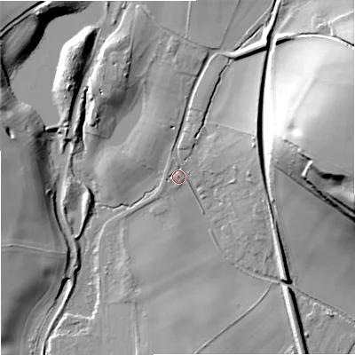 Shaded relief map of the ground around WV44XD, computed from Environment Agency LiDAR. The ground here sits at about 94 m above sea level and falls 33 m across the surrounding 800 m. Surface water reaching this point runs off ground lying to the north-north-east, 11.0 m higher.