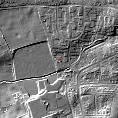 Shaded relief map of the ground around WV44YJ, computed from Environment Agency LiDAR. The ground here sits at about 118 m above sea level and falls 21 m across the surrounding 800 m. Surface water reaching this point runs off ground lying to the north-north-east, 4.1 m higher.