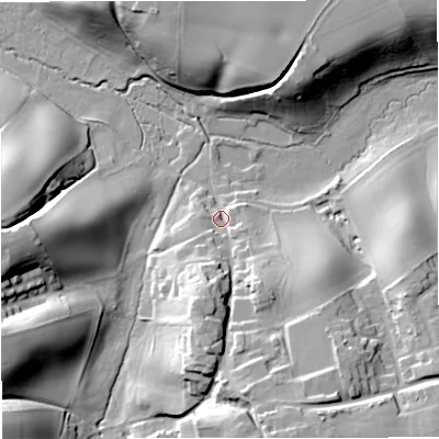 Shaded relief map of the ground around WV57DA, computed from Environment Agency LiDAR. The ground here sits at about 56 m above sea level and falls 31 m across the surrounding 800 m. Surface water reaching this point runs off ground lying to the south-south-east, 23.7 m higher.