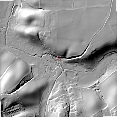 Shaded relief map of the ground around WV57DD, computed from Environment Agency LiDAR. The ground here sits at about 54 m above sea level and falls 34 m across the surrounding 800 m. Surface water reaching this point runs off ground lying to the north-east, 21.2 m higher.