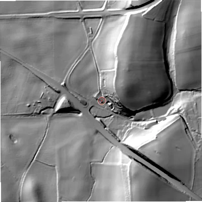 Shaded relief map of the ground around WV57DN, computed from Environment Agency LiDAR. The ground here sits at about 80 m above sea level and falls 39 m across the surrounding 800 m. Surface water reaching this point runs off ground lying to the north-east, 31.9 m higher.
