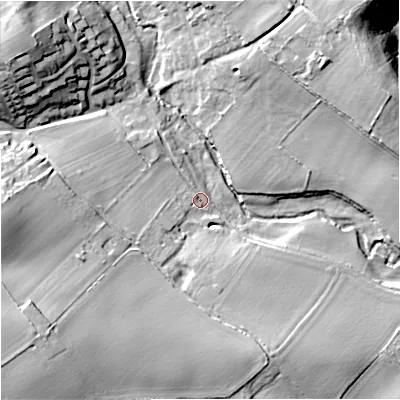Shaded relief map of the ground around WV57ER, computed from Environment Agency LiDAR. The ground here sits at about 79 m above sea level and falls 22 m across the surrounding 800 m. Surface water reaching this point runs off ground lying to the west, 7.7 m higher.