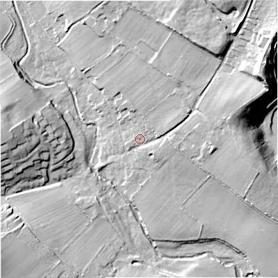 Shaded relief map of the ground around WV57ES, computed from Environment Agency LiDAR. The ground here sits at about 82 m above sea level and falls 33 m across the surrounding 800 m. Surface water reaching this point runs off ground lying to the north-east, 26.9 m higher.
