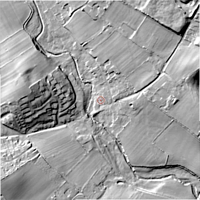 Shaded relief map of the ground around WV57EU, computed from Environment Agency LiDAR. The ground here sits at about 80 m above sea level and falls 27 m across the surrounding 800 m. Surface water reaching this point runs off ground lying to the north-east, 24.0 m higher.