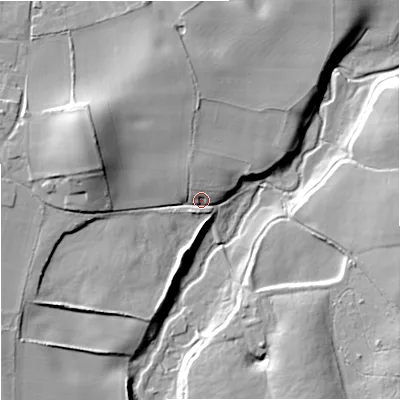 Shaded relief map of the ground around WV57HP, computed from Environment Agency LiDAR. The ground here sits at about 74 m above sea level and falls 25 m across the surrounding 800 m. Surface water reaching this point runs off ground lying to the west-north-west, 20.5 m higher.
