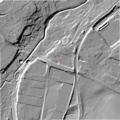Shaded relief map of the ground around WV58AX, computed from Environment Agency LiDAR. The ground here sits at about 74 m above sea level and falls 19 m across the surrounding 800 m. Surface water reaching this point runs off ground lying to the north-east, 4.1 m higher.