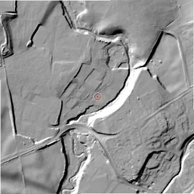 Shaded relief map of the ground around WV58AY, computed from Environment Agency LiDAR. The ground here sits at about 69 m above sea level and falls 22 m across the surrounding 800 m. Surface water reaching this point runs off ground lying to the north-west, 6.4 m higher.