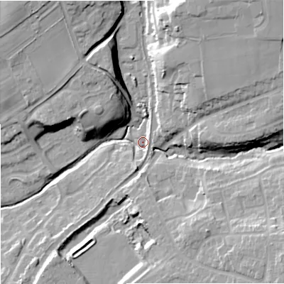 Shaded relief map of the ground around WV58BA, computed from Environment Agency LiDAR. The ground here sits at about 72 m above sea level and falls 23 m across the surrounding 800 m. Surface water reaching this point runs off ground lying to the south-south-west, 6.1 m higher.