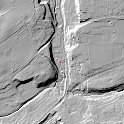 Shaded relief map of the ground around WV58BF, computed from Environment Agency LiDAR. The ground here sits at about 74 m above sea level and falls 29 m across the surrounding 800 m. Surface water reaching this point runs off ground lying to the north-north-west, 18.4 m higher.