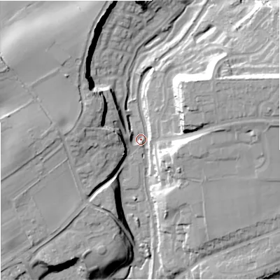 Shaded relief map of the ground around WV58BU, computed from Environment Agency LiDAR. The ground here sits at about 75 m above sea level and falls 27 m across the surrounding 800 m. Surface water reaching this point runs off ground lying to the east-north-east, 23.3 m higher.