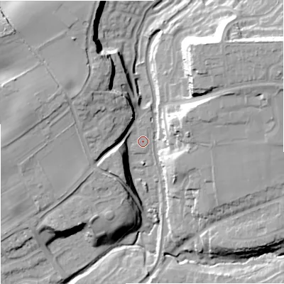 Shaded relief map of the ground around WV58DA, computed from Environment Agency LiDAR. The ground here sits at about 75 m above sea level and falls 28 m across the surrounding 800 m. Surface water reaching this point runs off ground lying to the north-west, 17.6 m higher.