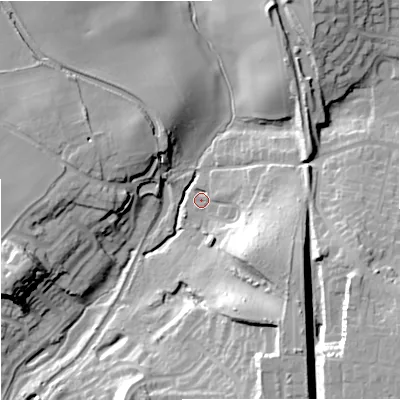 Shaded relief map of the ground around WV58DN, computed from Environment Agency LiDAR. The ground here sits at about 80 m above sea level and falls 28 m across the surrounding 800 m. Surface water reaching this point runs off ground lying to the south-east, 20.1 m higher.