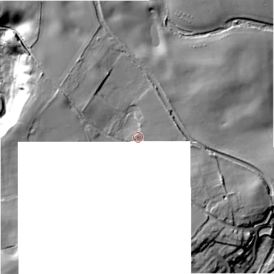 Shaded relief map of the ground around WV58DQ, computed from Environment Agency LiDAR. The ground here sits at about 86 m above sea level and falls 21 m across the surrounding 800 m. Surface water reaching this point runs off ground lying to the east, 1.3 m higher.