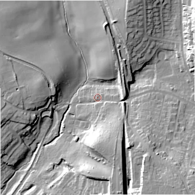 Shaded relief map of the ground around WV58DW, computed from Environment Agency LiDAR. The ground here sits at about 82 m above sea level and falls 28 m across the surrounding 800 m. Surface water reaching this point runs off ground lying to the south-east, 9.5 m higher.