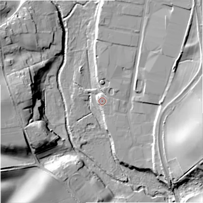 Shaded relief map of the ground around WV58EX, computed from Environment Agency LiDAR. The ground here sits at about 70 m above sea level and falls 27 m across the surrounding 800 m. The ground contributing surface water to this point lies to the south-south-east.