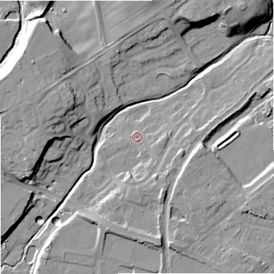 Shaded relief map of the ground around WV58JE, computed from Environment Agency LiDAR. The ground here sits at about 71 m above sea level and falls 23 m across the surrounding 800 m. Surface water reaching this point runs off ground lying to the south-south-east, 6.4 m higher.