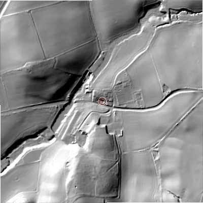 Shaded relief map of the ground around WV59BW, computed from Environment Agency LiDAR. The ground here sits at about 103 m above sea level and falls 45 m across the surrounding 800 m. Surface water reaching this point runs off ground lying to the south-east, 34.8 m higher.