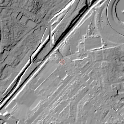 Shaded relief map of the ground around WV60HR, computed from Environment Agency LiDAR. The ground here sits at about 108 m above sea level and falls 17 m across the surrounding 800 m. Surface water reaching this point runs off ground lying to the south-east, 12.5 m higher.