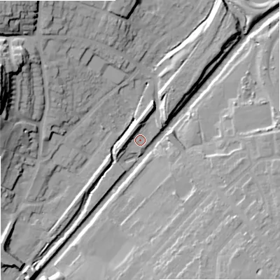 Shaded relief map of the ground around WV60HT, computed from Environment Agency LiDAR. The ground here sits at about 106 m above sea level and falls 30 m across the surrounding 800 m. Surface water reaching this point runs off ground lying to the north-west, 14.7 m higher.