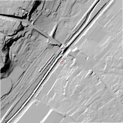 Shaded relief map of the ground around WV60JT, computed from Environment Agency LiDAR. The ground here sits at about 106 m above sea level and falls 41 m across the surrounding 800 m. Surface water reaching this point runs off ground lying to the north-west, 40.1 m higher.