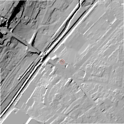 Shaded relief map of the ground around WV60JX, computed from Environment Agency LiDAR. The ground here sits at about 109 m above sea level and falls 40 m across the surrounding 800 m. Surface water reaching this point runs off ground lying to the south-east, 12.8 m higher.