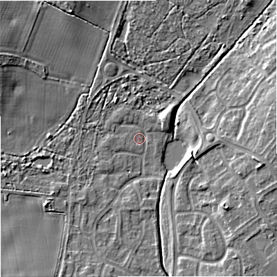 Shaded relief map of the ground around WV67RD, computed from Environment Agency LiDAR. The ground here sits at about 119 m above sea level and falls 9 m across the surrounding 800 m. Surface water reaching this point runs off ground lying to the north-west, 2.5 m higher.