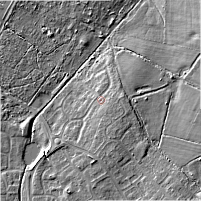 Shaded relief map of the ground around WV67YB, computed from Environment Agency LiDAR. The ground here sits at about 121 m above sea level and falls 9 m across the surrounding 800 m. Surface water reaching this point runs off ground lying to the south-east, 1.9 m higher.