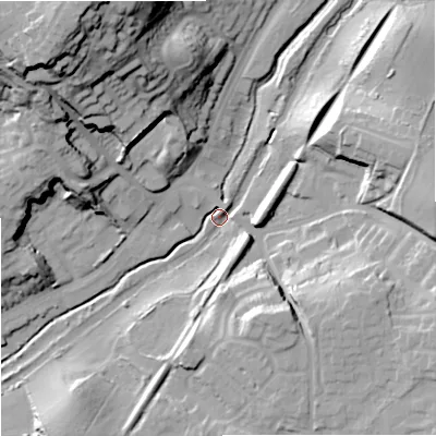 Shaded relief map of the ground around WV68AB, computed from Environment Agency LiDAR. The ground here sits at about 103 m above sea level and falls 49 m across the surrounding 800 m. Surface water reaching this point runs off ground lying to the north-north-west, 47.0 m higher.