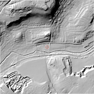 Shaded relief map of the ground around WV68BD, computed from Environment Agency LiDAR. The ground here sits at about 99 m above sea level and falls 61 m across the surrounding 800 m. Surface water reaching this point runs off ground lying to the north, 56.8 m higher.