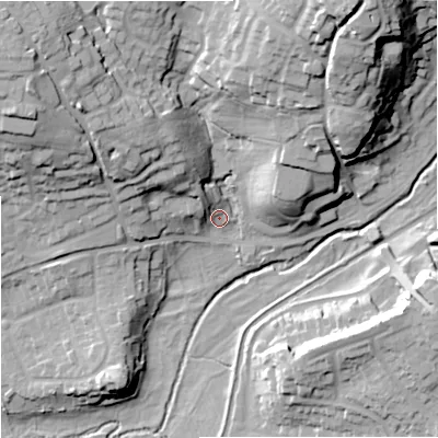 Shaded relief map of the ground around WV68BN, computed from Environment Agency LiDAR. The ground here sits at about 98 m above sea level and falls 37 m across the surrounding 800 m. Surface water reaching this point runs off ground lying to the west-north-west, 6.0 m higher.