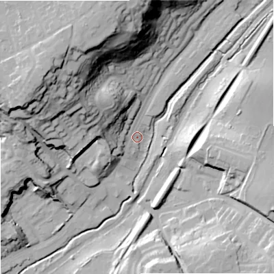 Shaded relief map of the ground around WV68PG, computed from Environment Agency LiDAR. The ground here sits at about 104 m above sea level and falls 49 m across the surrounding 800 m. Surface water reaching this point runs off ground lying to the west-north-west, 34.3 m higher.