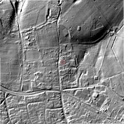 Shaded relief map of the ground around WV68UA, computed from Environment Agency LiDAR. The ground here sits at about 123 m above sea level and falls 20 m across the surrounding 800 m. Surface water reaching this point runs off ground lying to the south, 3.9 m higher.