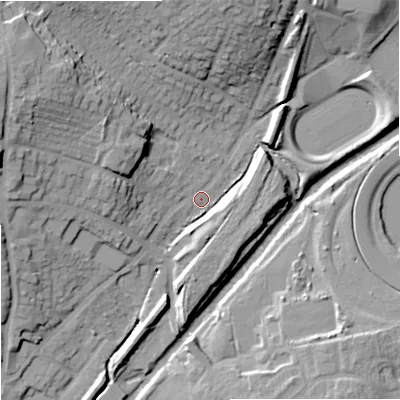 Shaded relief map of the ground around WV69NB, computed from Environment Agency LiDAR. The ground here sits at about 107 m above sea level and falls 21 m across the surrounding 800 m. Surface water reaching this point runs off ground lying to the north-west, 19.2 m higher.