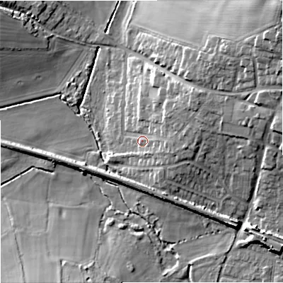 Shaded relief map of the ground around WV81DH, computed from Environment Agency LiDAR. The ground here sits at about 117 m above sea level and falls 21 m across the surrounding 800 m. Surface water reaching this point runs off ground lying to the east-north-east, 7.1 m higher.