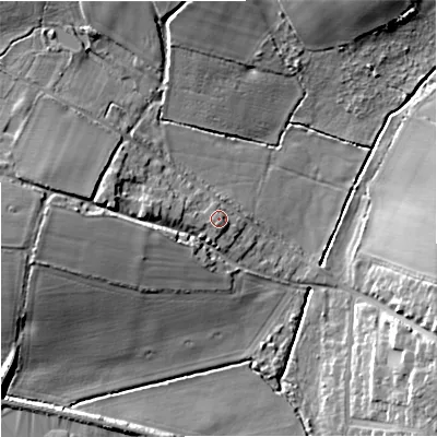 Shaded relief map of the ground around WV81DW, computed from Environment Agency LiDAR. The ground here sits at about 116 m above sea level and falls 15 m across the surrounding 800 m. Surface water reaching this point runs off ground lying to the west, 2.9 m higher.