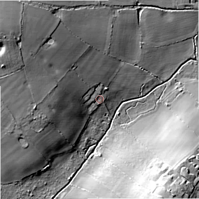Shaded relief map of the ground around WV81QG, computed from Environment Agency LiDAR. The ground here sits at about 114 m above sea level and falls 29 m across the surrounding 800 m. Surface water reaching this point runs off ground lying to the west-north-west, 11.5 m higher.