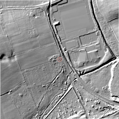 Shaded relief map of the ground around WV81RS, computed from Environment Agency LiDAR. The ground here sits at about 106 m above sea level and falls 15 m across the surrounding 800 m. Surface water reaching this point runs off ground lying to the west-north-west, 5.2 m higher.