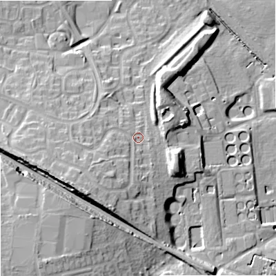 Shaded relief map of the ground around WV81YE, computed from Environment Agency LiDAR. The ground here sits at about 116 m above sea level and falls 26 m across the surrounding 800 m. Surface water reaching this point runs off ground lying to the south-west, 10.0 m higher.