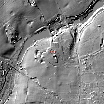 Shaded relief map of the ground around WV82HG, computed from Environment Agency LiDAR. The ground here sits at about 122 m above sea level and falls 15 m across the surrounding 800 m. Surface water reaching this point runs off ground lying to the south-south-east, 1.2 m higher.