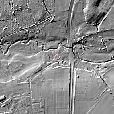 Shaded relief map of the ground around WV95AW, computed from Environment Agency LiDAR. The ground here sits at about 94 m above sea level and falls 14 m across the surrounding 800 m. Surface water reaching this point runs off ground lying to the south-south-east, 8.7 m higher.