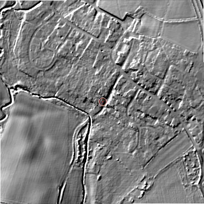 Shaded relief map of the ground around WV95AX, computed from Environment Agency LiDAR. The ground here sits at about 97 m above sea level and falls 15 m across the surrounding 800 m. Surface water reaching this point runs off ground lying to the east-north-east, 10.9 m higher.